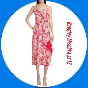 Badgley Mischka Floral Print Sweetheart Neck Sleeveless Lined Satin Midi Dress